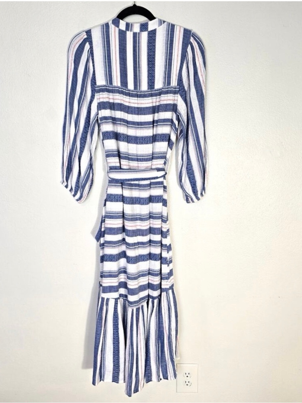 DRA Jenwin Dress Women's S Blue Red White Textural Stripe Ruffles Coastal FLAW